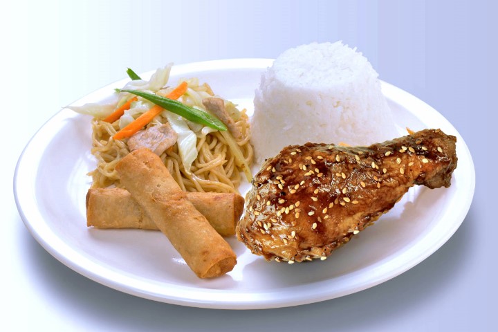 1-piece fried chicken with rice, pancit and lumpia