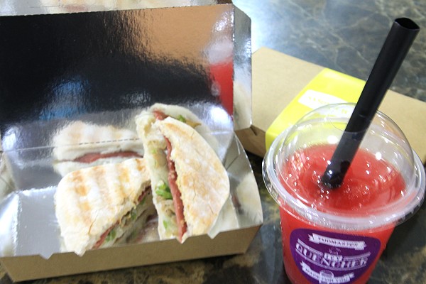 Sicilian Vegetable sandwich with ham and Watermelon berry shake